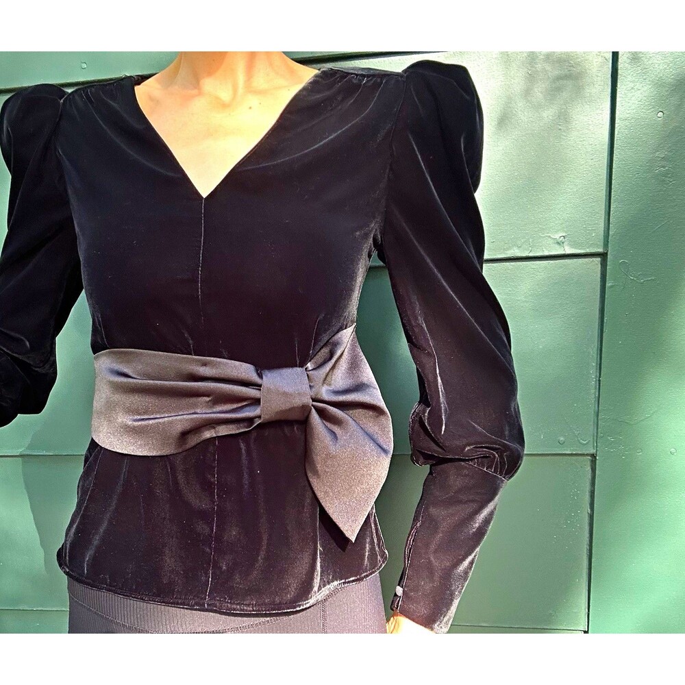 Express Gothic Black Velvet  Puff Sleeve Bow Blouse Renfaire Romantic Vampire XS
